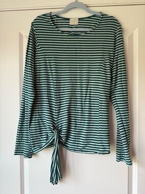 t.la, Anthropologie Green and White Striped Tie-Front Long Sleeve Top, XL